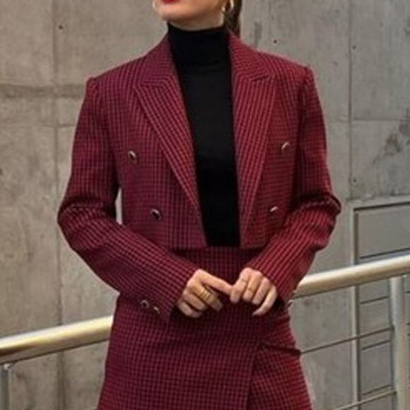 Zara Houndstooth Cropped Blazer Jacket Shoulder Pad Double Breasted Plaid - Picture 5 of 13